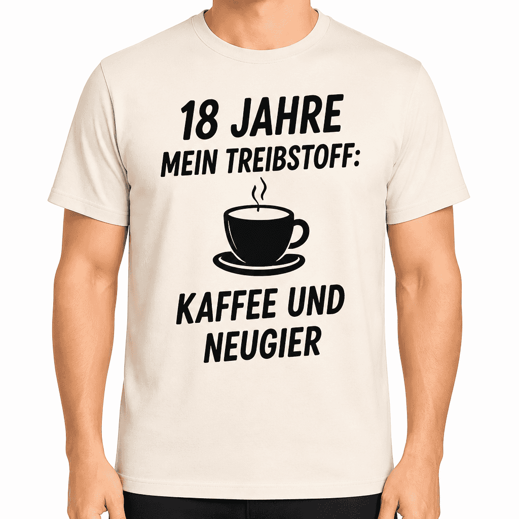 T-Shirt zum 18. Geburtstag – 18 jahre mein treibstoff: kaffee und neugier
