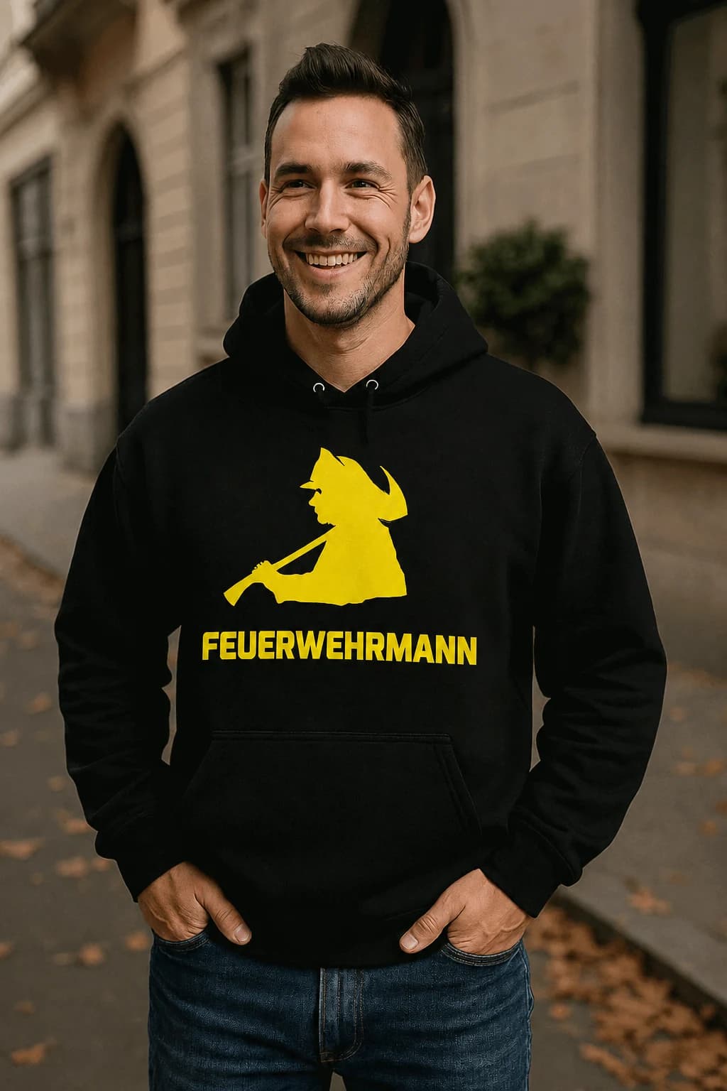 Mann im schwarzen Hoodie mit gelber Feuerwehrmann-Silhouette mit Strahlrohr und Schriftzug darunter