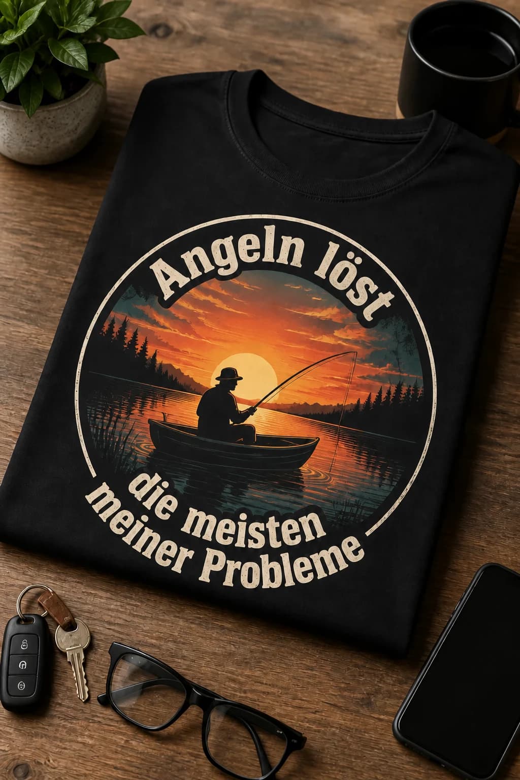Schwarzes Angler-T-Shirt mit Fischer im Boot vor Sonnenuntergang und Spruch „Angeln löst die meisten meiner Probleme“