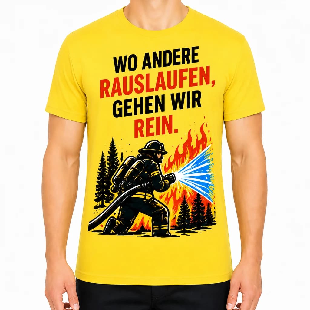 Gelbes T-Shirt mit Feuerwehrmann, der mit Schlauch einen Waldbrand löscht, und Spruch „Wo andere rauslaufen, gehen wir rein.“