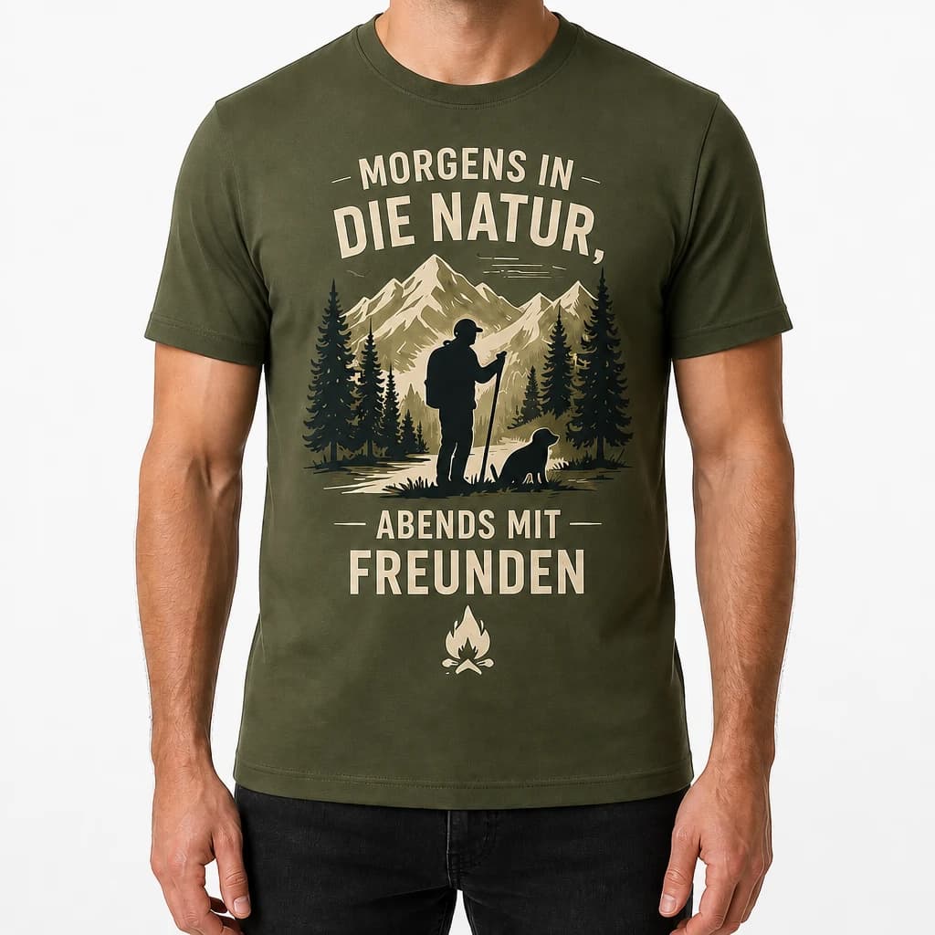 Olivgrünes Jagd-T-Shirt mit Jäger und Hund vor Bergen und Spruch „Morgens in die Natur, abends mit Freunden“