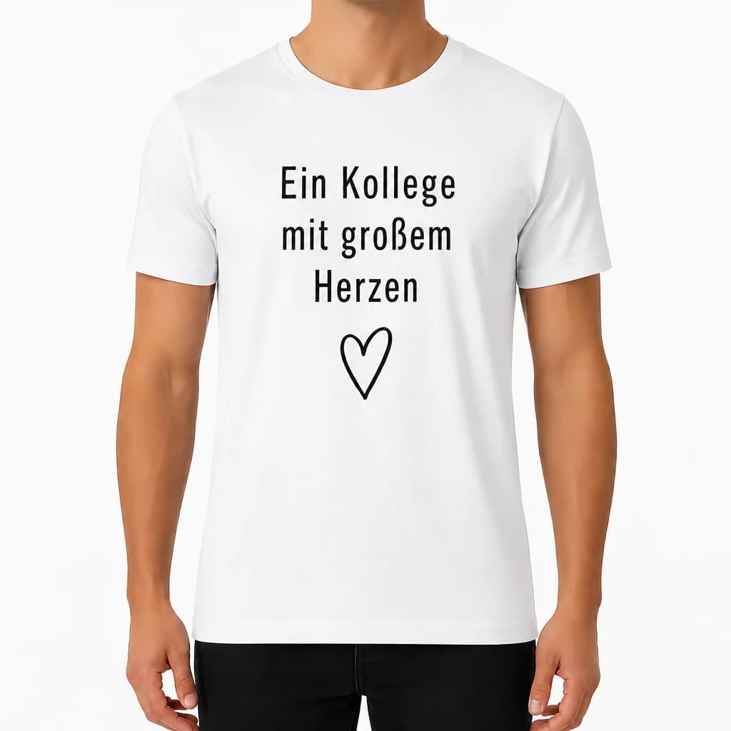 Weißes Kollegen-T-Shirt mit schwarzem Spruch „Ein Kollege mit großem Herzen“ und gezeichnetem Herz