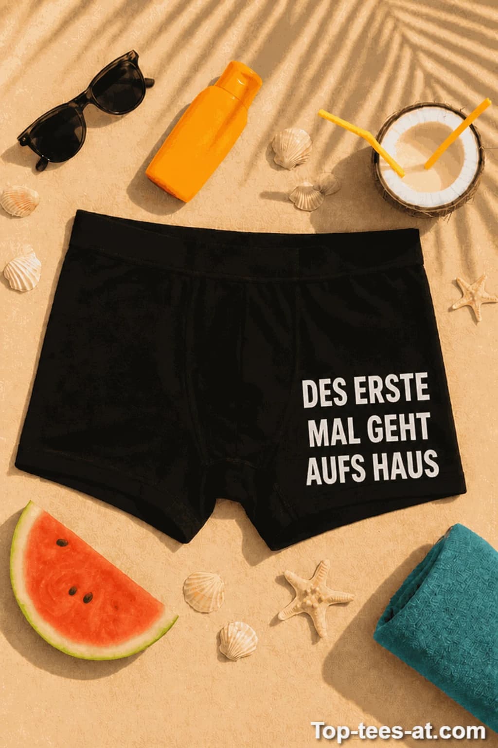 Schwarze Boxershorts mit weißem Spruch „Des erste Mal geht aufs Haus“ – lustige Boxershorts für den Junggesellenabschied