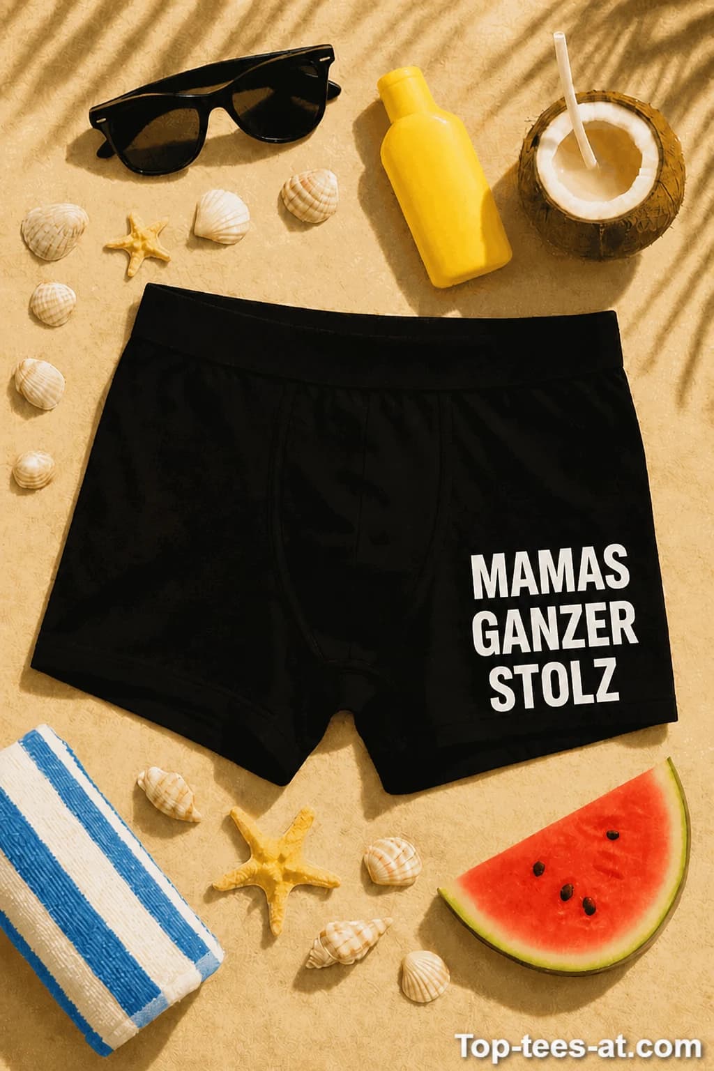 Schwarze Boxershorts mit weißem Aufdruck „Mamas ganzer Stolz“ auf dem Bein – lustige Boxershorts als Geschenk