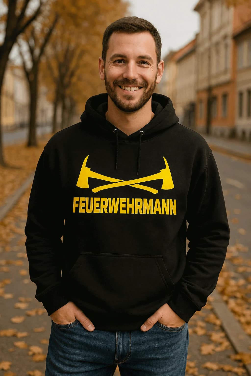 Lächelnder Mann im schwarzen Hoodie mit zwei gekreuzten gelben Äxten und Schriftzug darunter