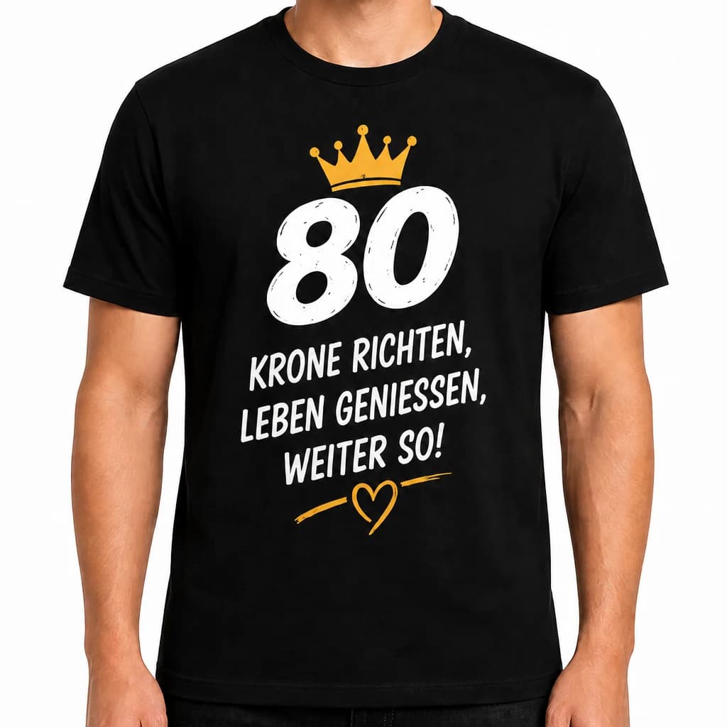 Schwarzes T-Shirt zum 80. Geburtstag mit Krone über der 80 und Spruch „Krone richten, Leben genießen, weiter so!“