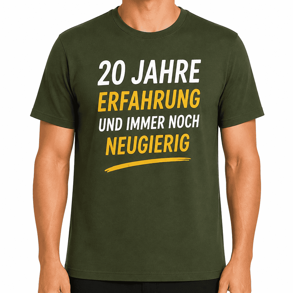 T-Shirt zum 20. Geburtstag – 20 jahre erfahrung und immer noch neugierig