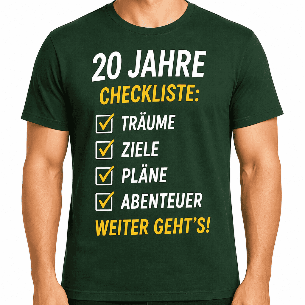 T-Shirt zum 20. Geburtstag – 20 jahre checkliste: träume ziele pläne abenteuer weiter geht's!