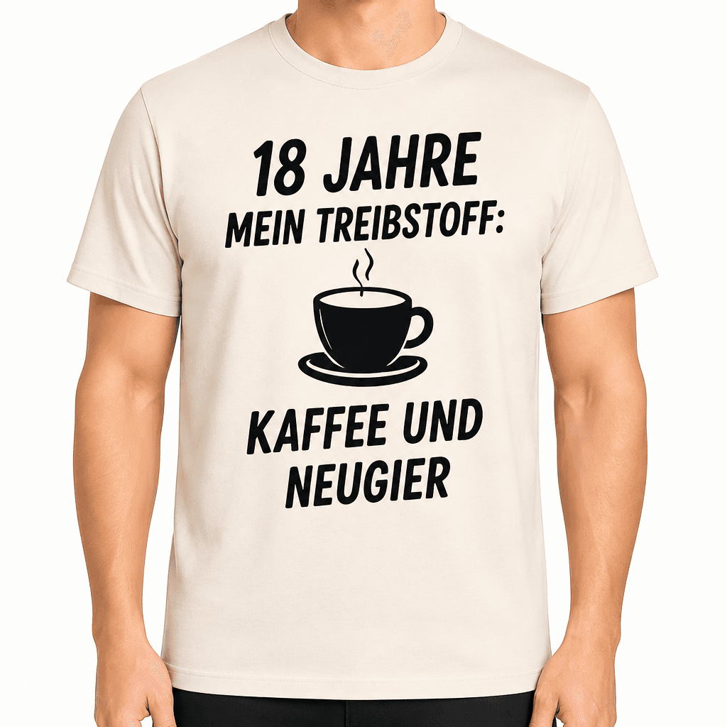 T-Shirt zum 18. Geburtstag – 18 jahre mein treibstoff: kaffee und neugier