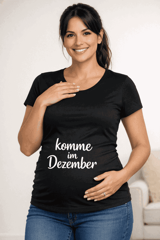 Schwangerschafts-T-Shirt „Komme im Dezember“ (schwarz)