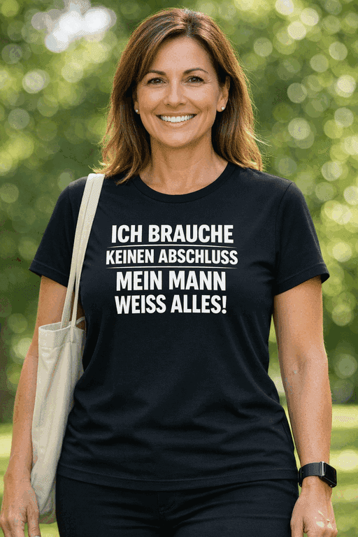 T-Shirt: Ich brauche keinen Abschluss, mein Mann weiß alles