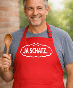 Lustige Kochschürze „JA SCHATZ…“ (Rot mit Tasche)