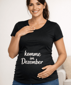 Schwangerschafts-T-Shirt „Komme im Dezember“ (schwarz)