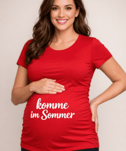 Umstands-T-Shirt „Komme im Sommer“ (Rot)