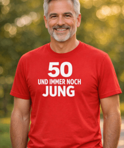 Lustiges T-Shirt „50 und immer noch jung“ (Rot)