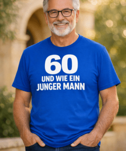 Lustiges T-Shirt „60 und wie ein junger Mann“ (Königsblau)