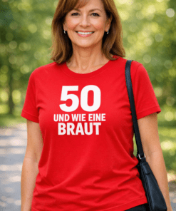 Lustiges T-Shirt „50 und wie eine Braut“ (Rot)