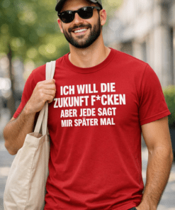 Lustiges rotes T-Shirt „ICH WILL DIE ZUKUNFT F*CKEN ABER JEDE SAGT MIR ‚SPÄTER MAL‘“