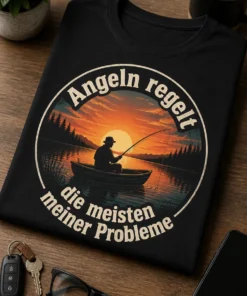 Angel T-Shirt mit Fischer-Silhouette im Boot vor ruhigem See bei Sonnenuntergang und dem Spruch Angeln regelt die meisten meiner Probleme