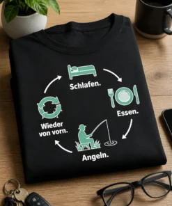 T-Shirt für Angler mit vier Icons im Kreis und dem Spruch „Schlafen. Essen. Angeln. Wieder von vorn.“ in Mint und Weiß