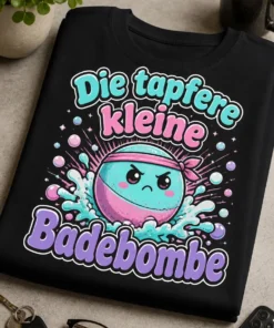 Badebombe T-Shirt mit dem Spruch Die tapfere kleine Badebombe und einer mutigen Badebomben-Grafik im Retro-Cartoon-Stil